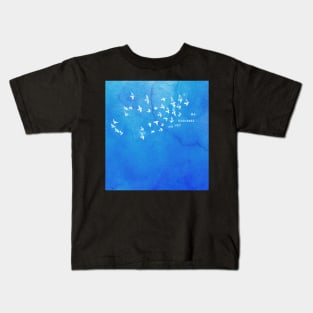 "No net ensnares me" + flock of birds - Jane Eyre quote, Charlotte Bronte (white text on blue watercolor) Kids T-Shirt